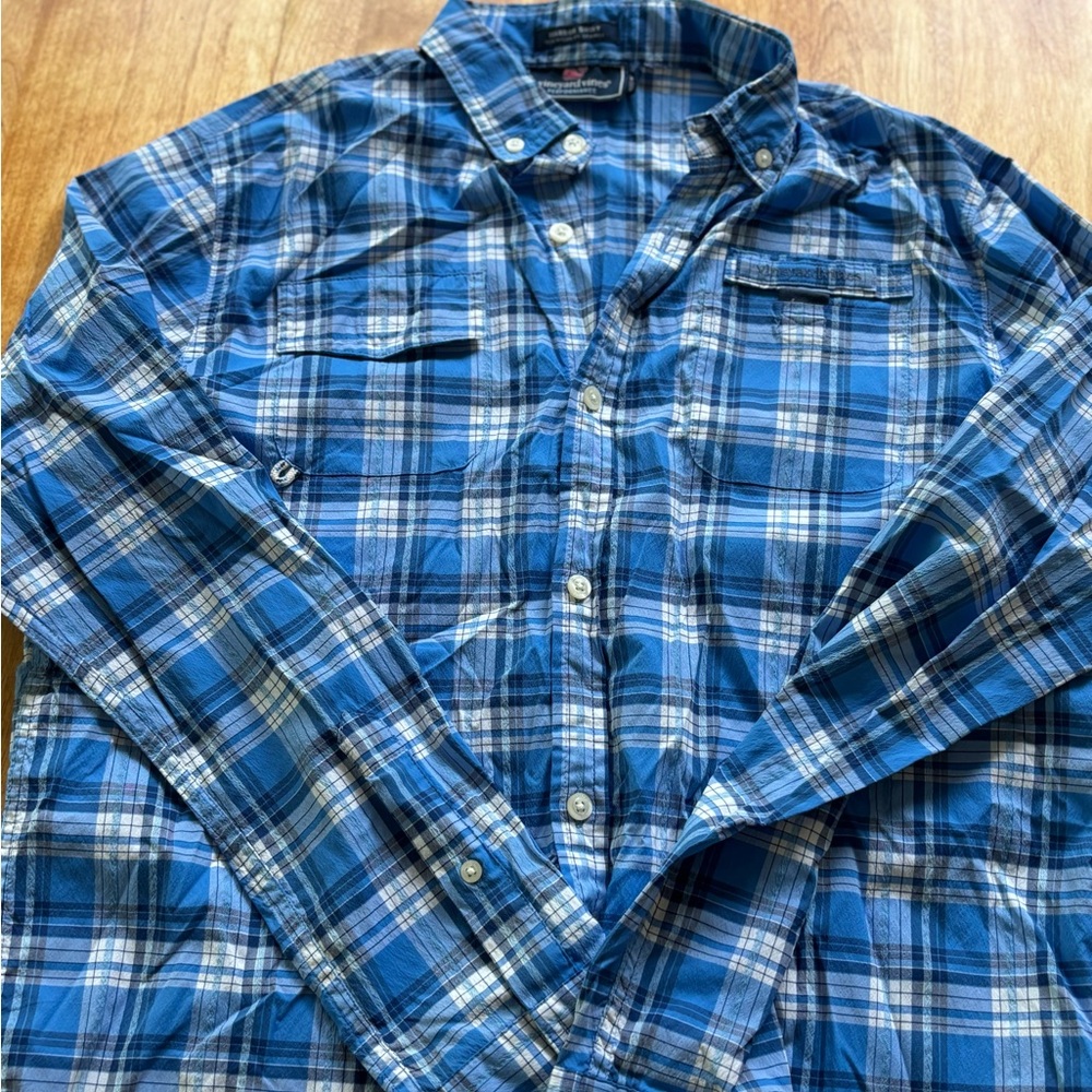 Vineyard Vines Kids,  Blue and White Plaid Harbor Shirt, XL